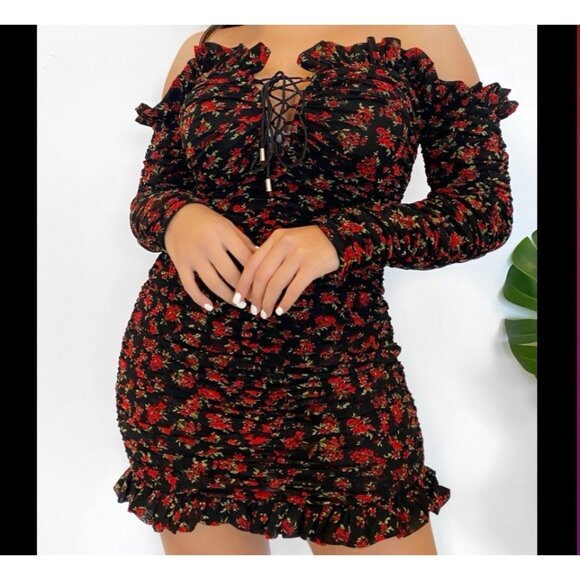 Whimsigoth Floral Mini Ruched Dress Black Red Off Shoulder Sz S Dark Fairy Vamp - Picture 1 of 8
